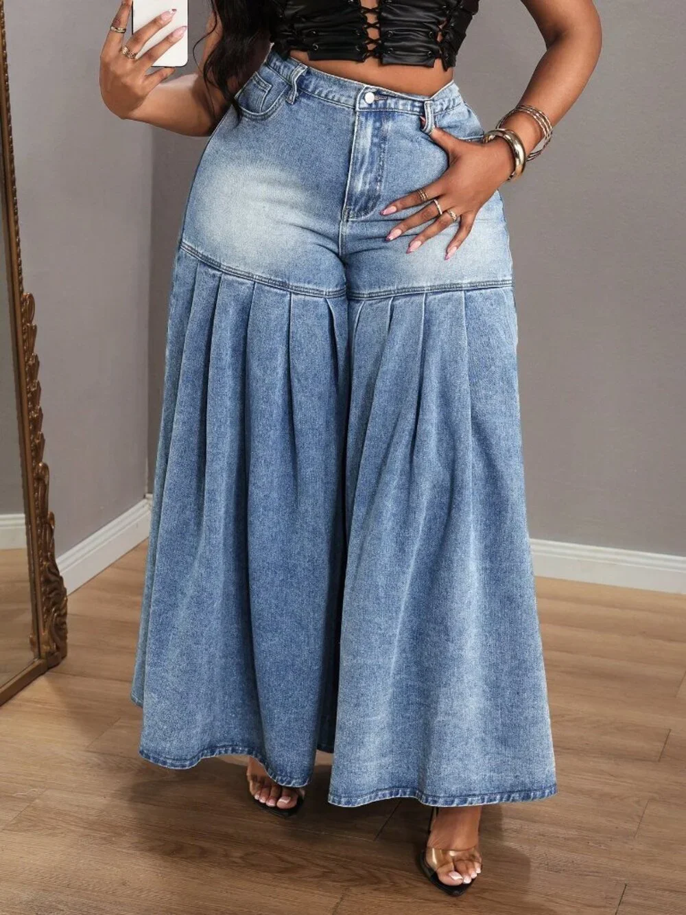 Coffee Brown Casual Women's Plus Size Pleated Wide Leg Denim Maxi Skirt - Picture 7 of 7